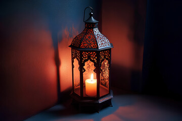 Beautiful lantern with a burning candle in a dark room, symbolizing the spirit of Ramadan Kareem