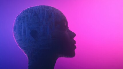 Obraz premium Futuristic AI humanoid profile in neon light, digital technology concept, vibrant colors, innovation and artificial intelligence theme