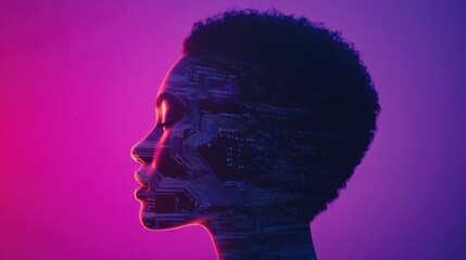 Profile of woman with digital circuit overlay, futuristic technology concept, vibrant neon colors, innovation and AI integration, Cyber Monday, digital future