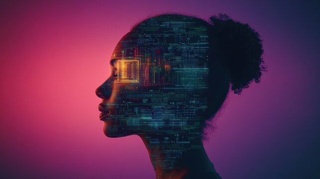 Silhouette of woman with digital circuit overlay, futuristic technology concept, vibrant neon colors, artificial intelligence theme, National Techies Day - Powered by Adobe