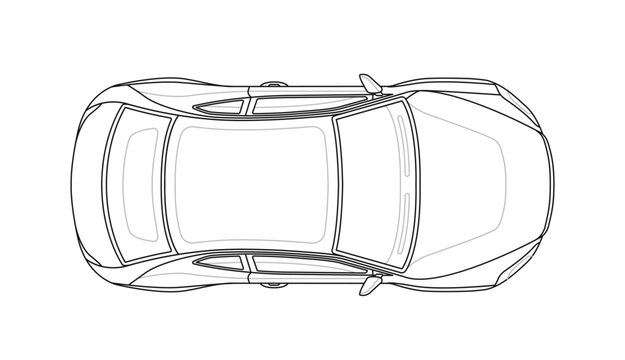 Electric car outline diagram. Hybrid car blueprint template. Blank mockup or layout of eco friendly vehicle or automobile. Top view. Linear vector illustration isolated on background