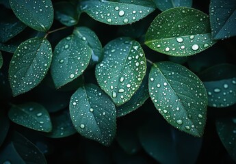 Obraz premium Close-Up View of Fresh Green Leaves with Water Droplets, Highlighting Nature's Beauty and Detail in a Lush Garden Setting, Ideal for Eco-Friendly Themes