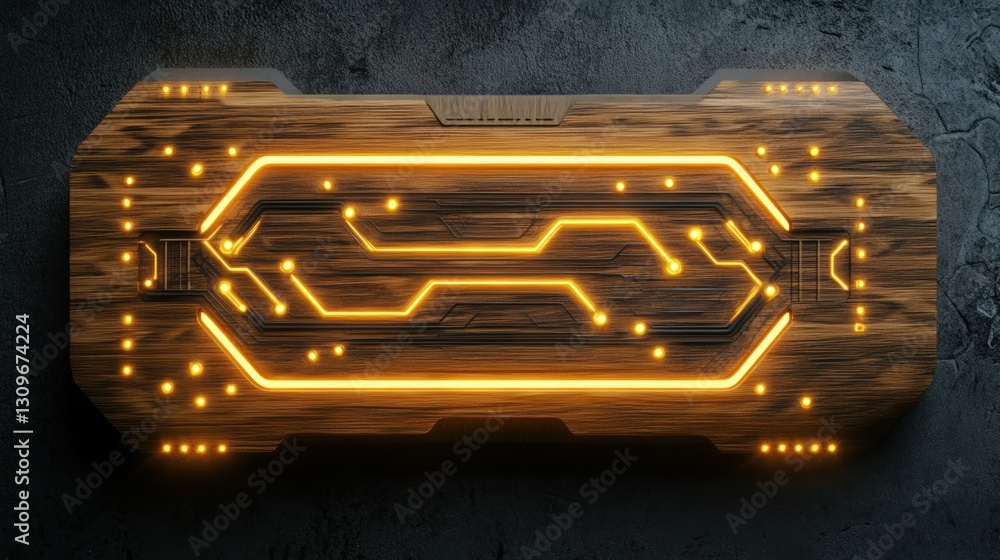 Poster a futuristic wooden motherboard with delicate luminous traces running across, with an empty area for