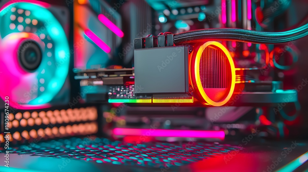 Poster close-up view of a modern computer graphics card illuminated with vibrant rgb lighting in a sleek ca