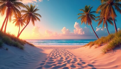 Picturesque beach view with golden sand dunes and neon illuminated palms. Calm turquoise sea, sunset colors. Blue sky, ocean waves. Summer vacation on tropical island, serene tranquil seaside.