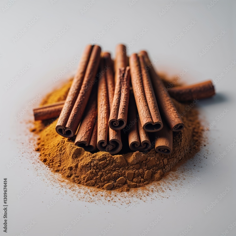 Poster cinnamon sticks placed on a mound of ground cinnamon on a plain background creating an appealing com