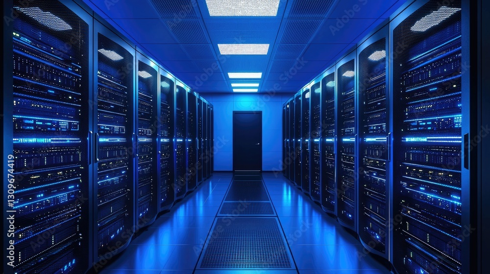 Aufkleber High-tech data center with glowing blue server racks in a secure facility. Ideal for cloud computing, cybersecurity, and network infrastructure concepts