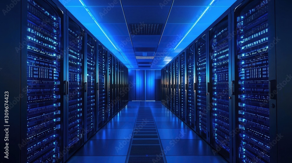 Aufkleber Futuristic data center with glowing blue server racks in a secure facility. Ideal for technology, cloud computing, and cybersecurity concepts