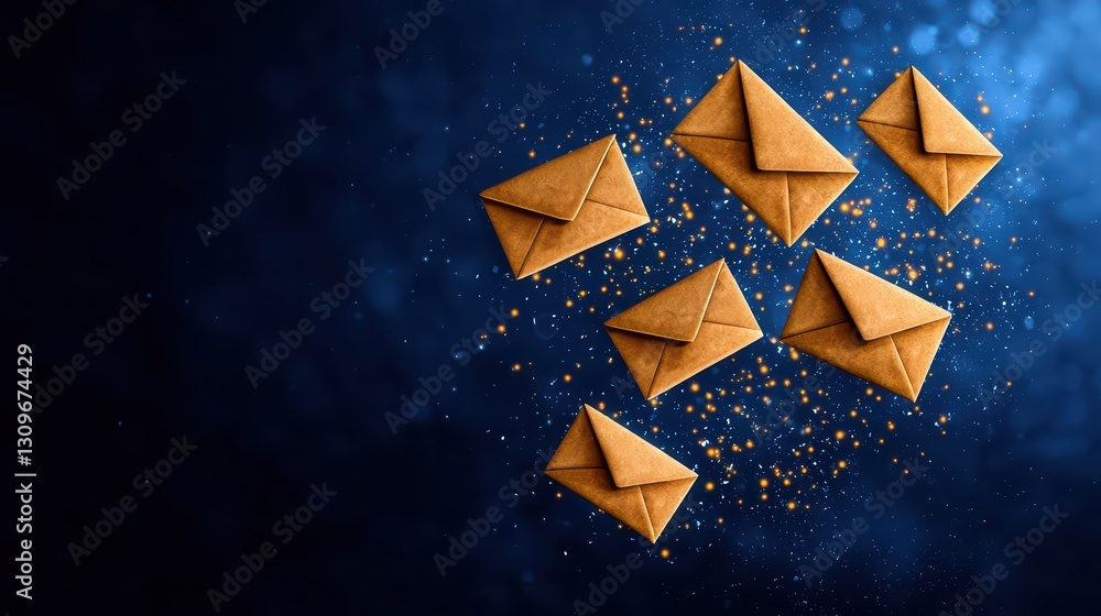 Poster clustered email envelopes with sparkles on blue background for marketing concepts