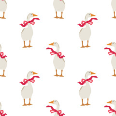Festive geese in cute red ribbon bows. Vector seamless pattern in retro vintage style on transparent background. Wallpaper background for textile, wallpaper, wrapping.
