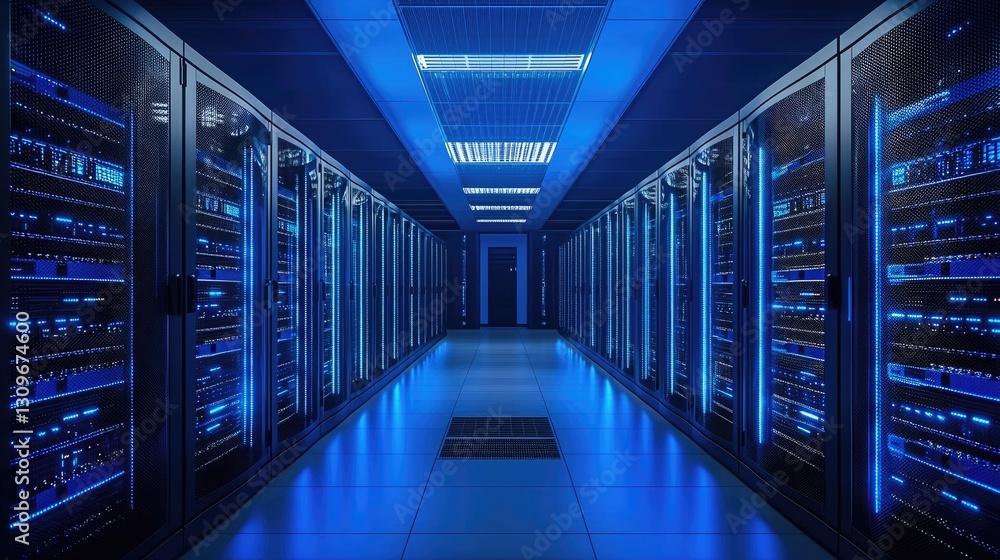 Poster Advanced data center with glowing blue server racks in a high-security facility. Ideal for cloud computing, cybersecurity, and digital infrastructure concepts