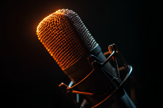  Professional studio microphone in close-up against a black background, highlighting details and design
