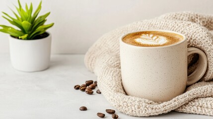 Cozy Morning Scene with Coffee Cup and Green Plant on Table