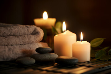 candles lit in a spa setting alongside towels and stones, providing a tranquil atmosphere