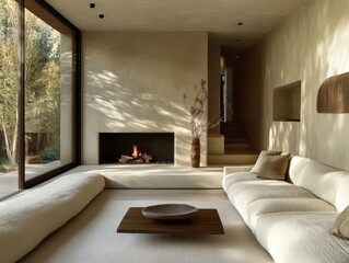 A modern living room interior with fireplace and large window