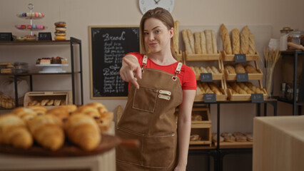 Young, redhead, woman in a bakery shop wearing an apron and pointing at the camera, standing in front of a display of bread and pastries indoors