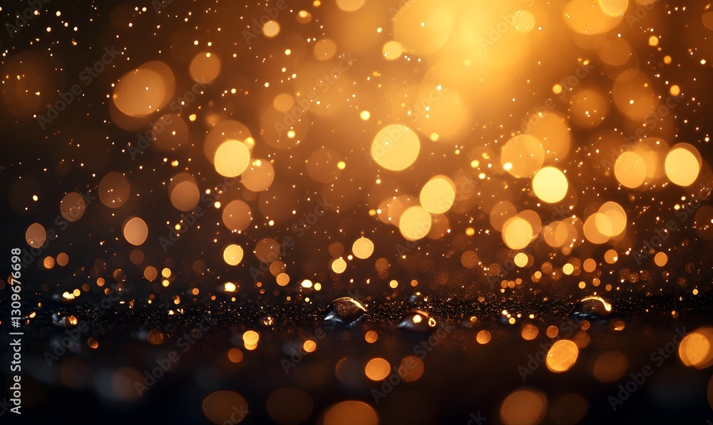 Poster golden bokeh lights and water droplets create a shimmering abstract background