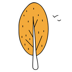 Tree hand drawn flat design element. Yellow autumn tree, vector