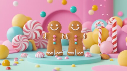 Obraz premium Cute Gingerbread Cookies Surrounded by Colorful Sweets and Candies