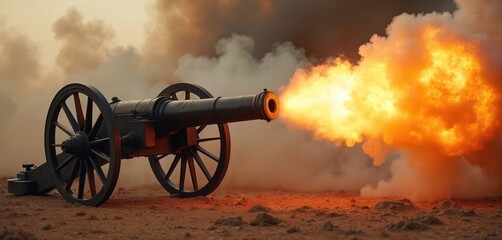 Civil War era cannon fires flame, smoke. Vintage artillery weapon during historical battle action. Antique blast. Reenactment of warfare, combat scene from 19th century. Old army firearm on