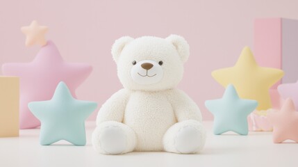 Soft White Teddy Bear Surrounded by Colorful Pastel Stars and Blocks