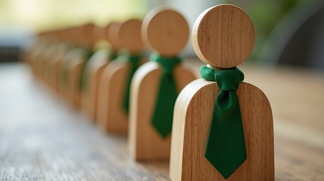 Wooden Figure with Tie: An organized row of wooden figures, each adorned with a vibrant tie, standing in perfect alignment to symbolize a team.