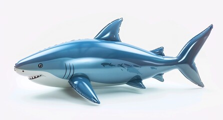 Obraz premium Giant inflatable shark toy. Perfect for summer fun. A large, blue shark, ready for a pool party!