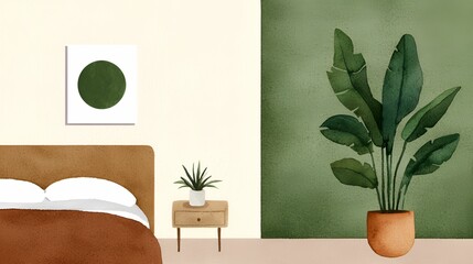 A cozy bedroom featuring a bed, bedside table, and decorative plants against a soothing green wall.