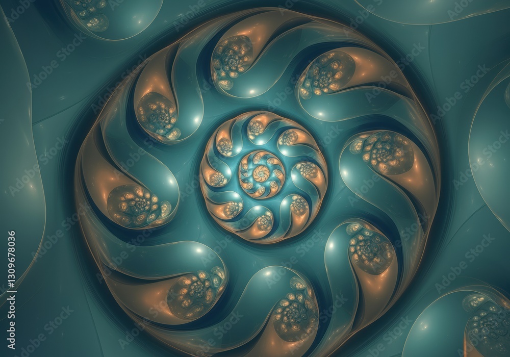 Poster intricate fractal design featuring swirling patterns in teal and gold