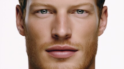 Obraz premium A male model showcases his sharp facial features and clear blue eyes while standing against a plain backdrop in a well-lit studio environment