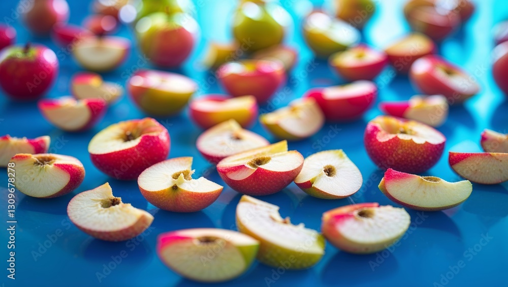 Poster bright and colorful apple slices scattered on a blue surface creating a vibrant and inviting display