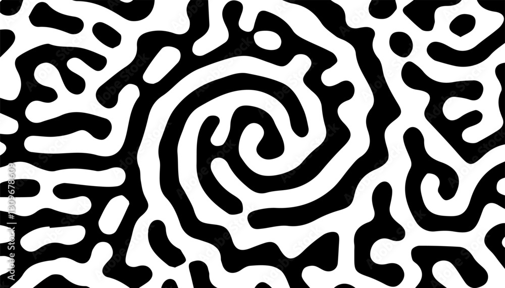 Poster black and white abstract turing pattern. diffusion effect with circular ways. vector format illustra