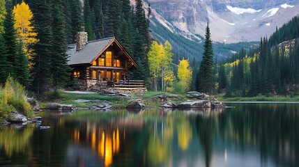 Fototapeta premium Mountain Cabin Lakeside at Dusk