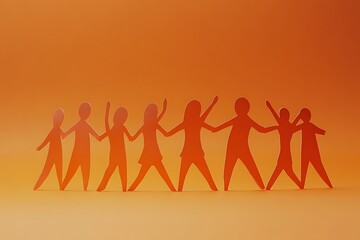 Orange Paper People Holding Hands Teamwork Unity