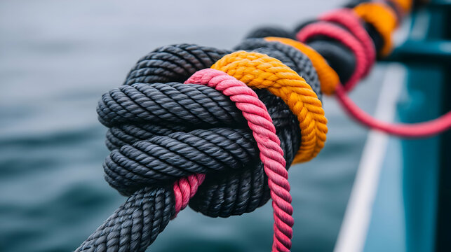 Colorful ropes knotted on boat, sea background