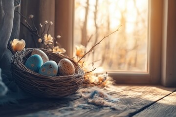 Obraz premium Colorful Easter eggs in woven basket with soft fabric backdrop