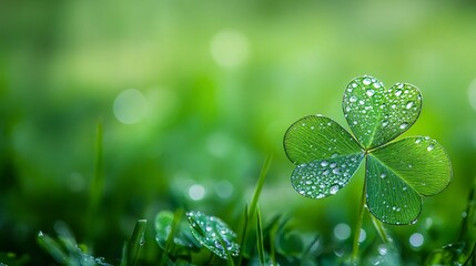 Fresh four leaf clover on vibrant field