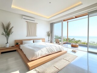 A bright and modern bedroom featuring an open view of the ocean