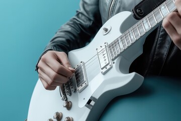 A musician strums a white electric guitar while dressed in a leather jacket, creating a dynamic moment in an indoor space filled with artistic energy