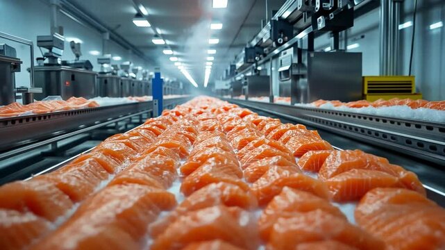 Salmon Processing Plant: Rows of freshly cut salmon fillets move along an industrial conveyor belt in a modern processing plant, highlighting the scale of production.