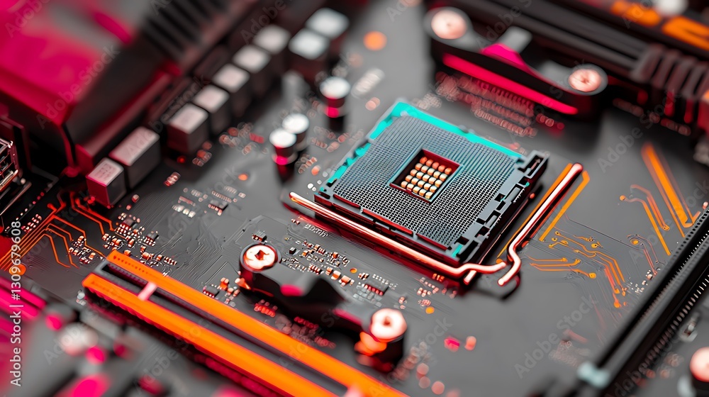 Poster close-up view of a modern computer motherboard showcasing intricate circuitry and a cpu socket