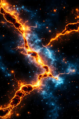 Fiery, blue cosmic energy streaks across a starlit void