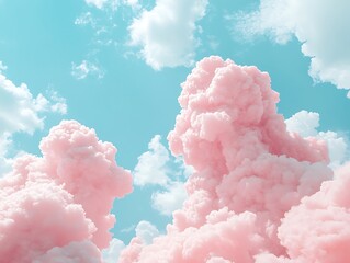 Pink fluffy clouds in a pastel blue sky.