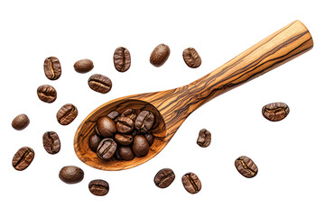 Obraz premium coffee beans on wooden spoon isolated on white or transparent 