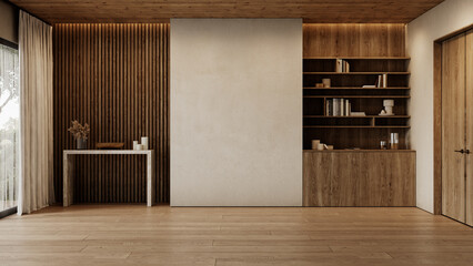 Contemporary loft empty interior with marble console, wood panels and decor. 3d render illustration mockup.