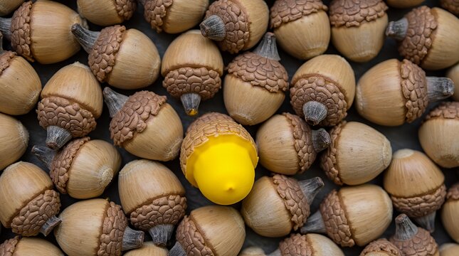 Golden Acorn Among the Crowd: The captivating image showcases a golden acorn in the midst of numerous brown acorns, representing uniqueness. It’s a visual metaphor for standing out and individuality.