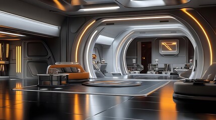 Modern futuristic interior of a spaceship with sleek furniture and ambient lighting showcasing advanced technology