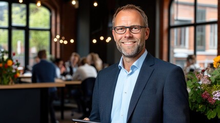 Man stands with a tablet in hand, smiling at the camera as a team works together at a table in the background