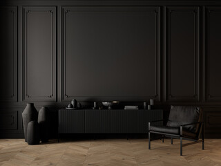 Classic black interior with dresser, armchair, vases, parquet chevron floor and decor. 3d render...