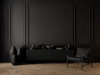 Fotobehang Per kamer Classic black interior with dresser, armchair, vases, parquet chevron floor and decor. 3d render illustration mockup.  © YKvisual